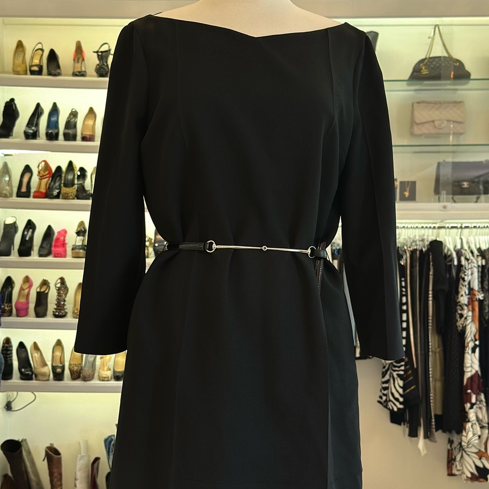 Gucci Black Sheath Dress with Long Sleeves and Mock Neck & Leather Belt